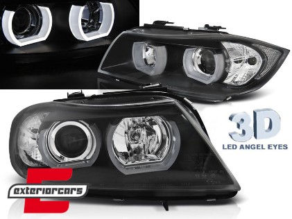 Prednja svjetla 3D LED Angel Eyes U-dizajn (crna) / BMW serije 3 E90 limuzina E91 karavan (03.2005-08.2008), LPBMI4