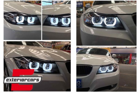 Prednja svjetla 3D LED Angel Eyes U-dizajn (crna) / BMW serije 3 E90 limuzina E91 karavan (03.2005-08.2008), LPBMI4