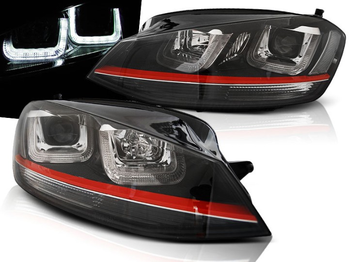 Prednja svjetla 3D LED U-dizajn (crna/crvena lajsna) / Volkswagen Golf VII (2012-2017), LPVWM2